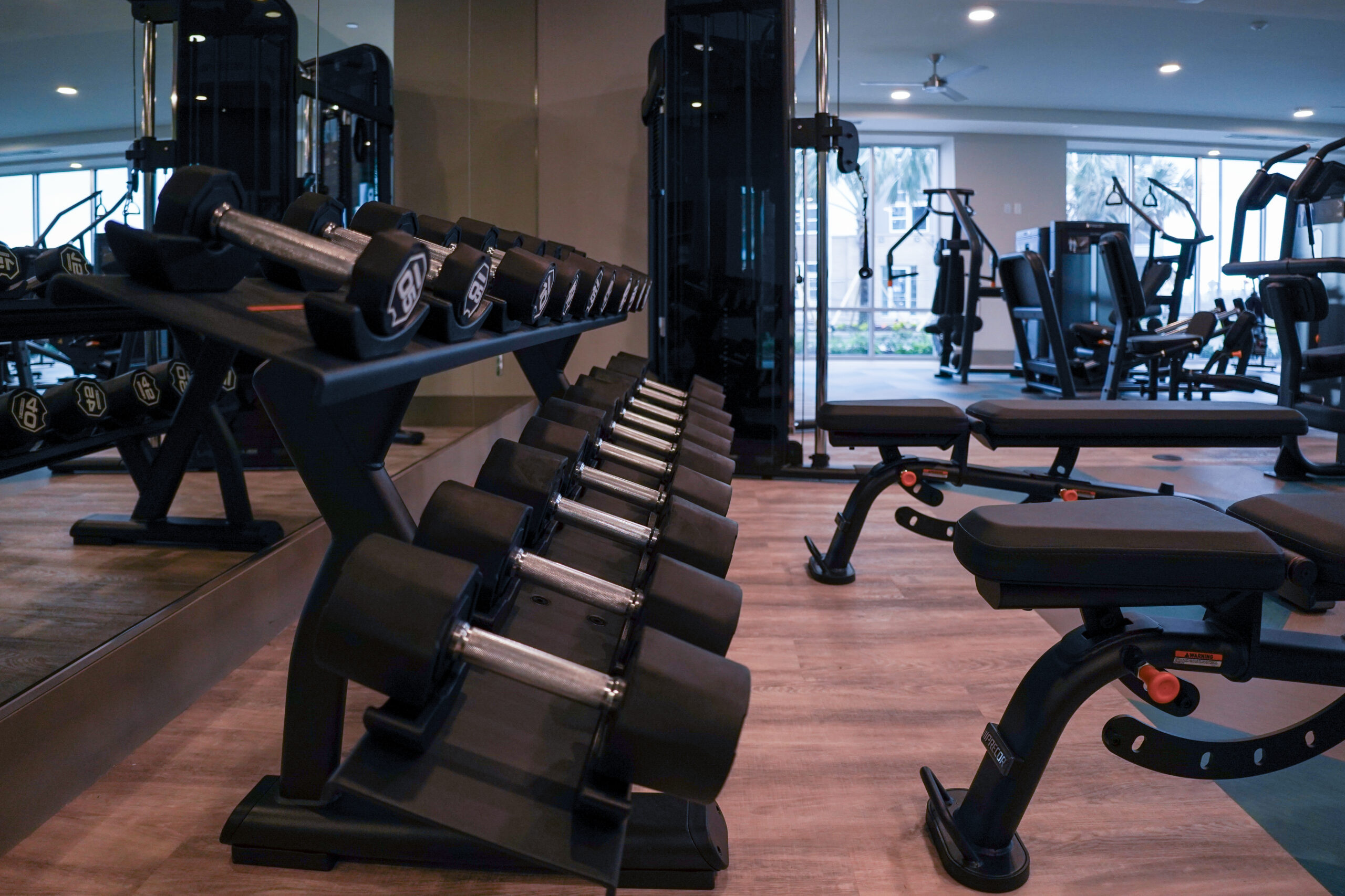 The Lucent at Sunrise resident gym with weight machines and cardio machines