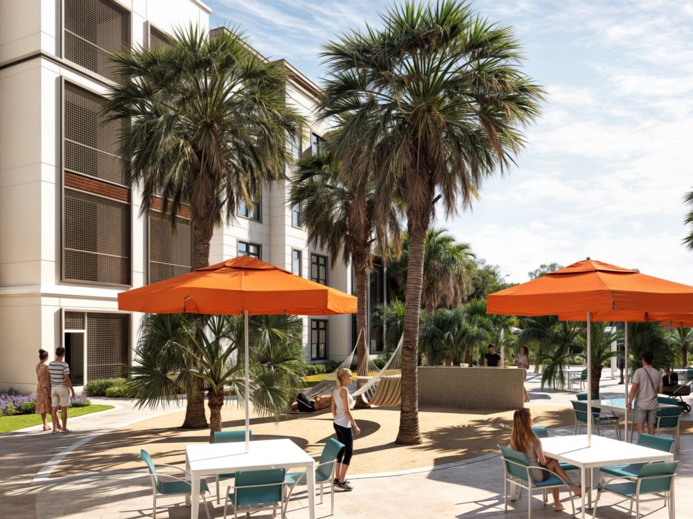 Outdoor seating with umbrellas