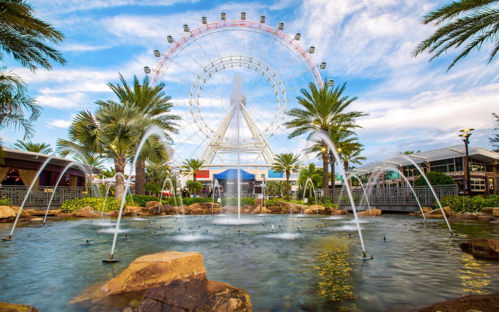 Large ferris wheel behind a pool, fountain, and palm trees in Orlando, Fl